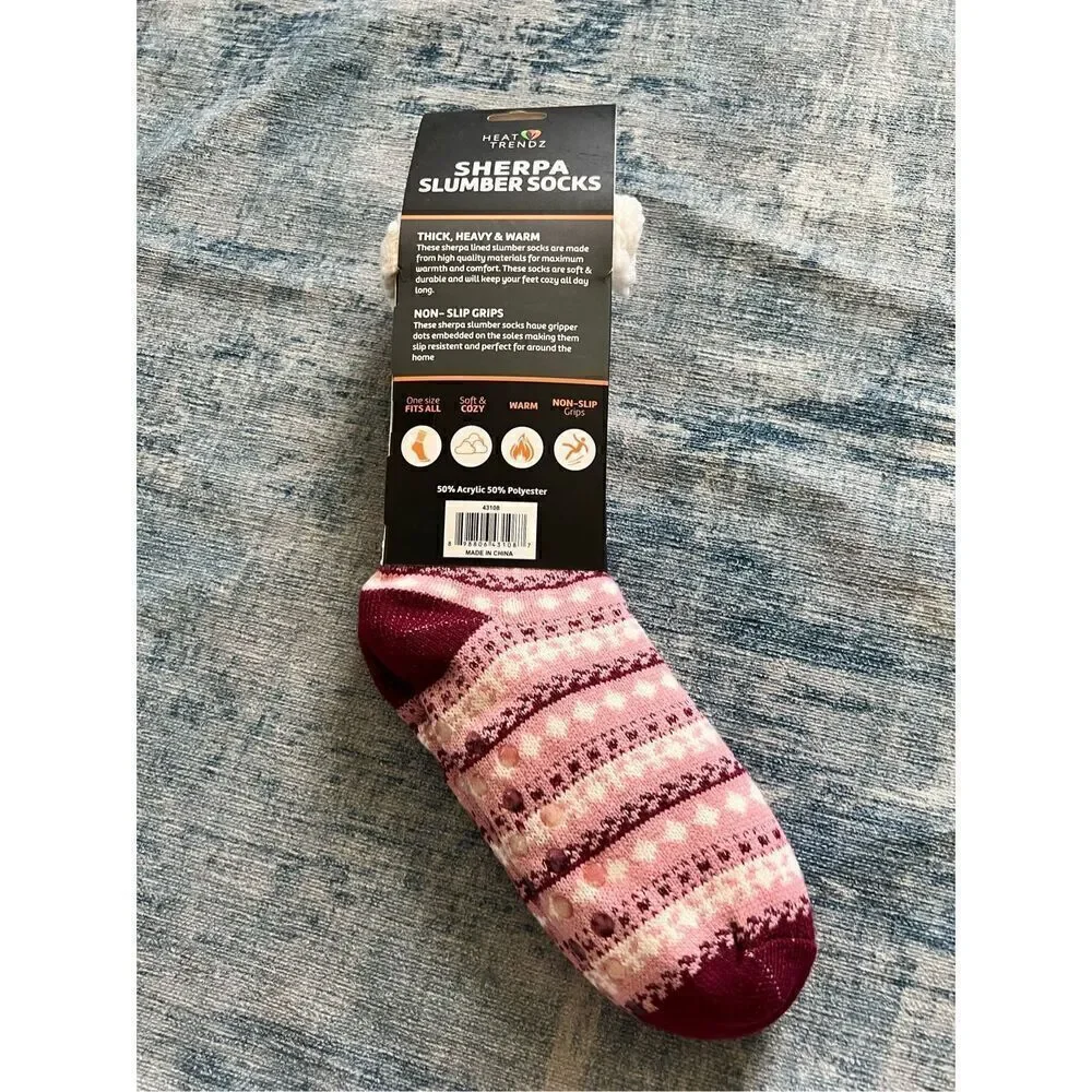 New! Heat Trendz Pink Red White Sherpa Slumber Slipper Socks One Size Fits All